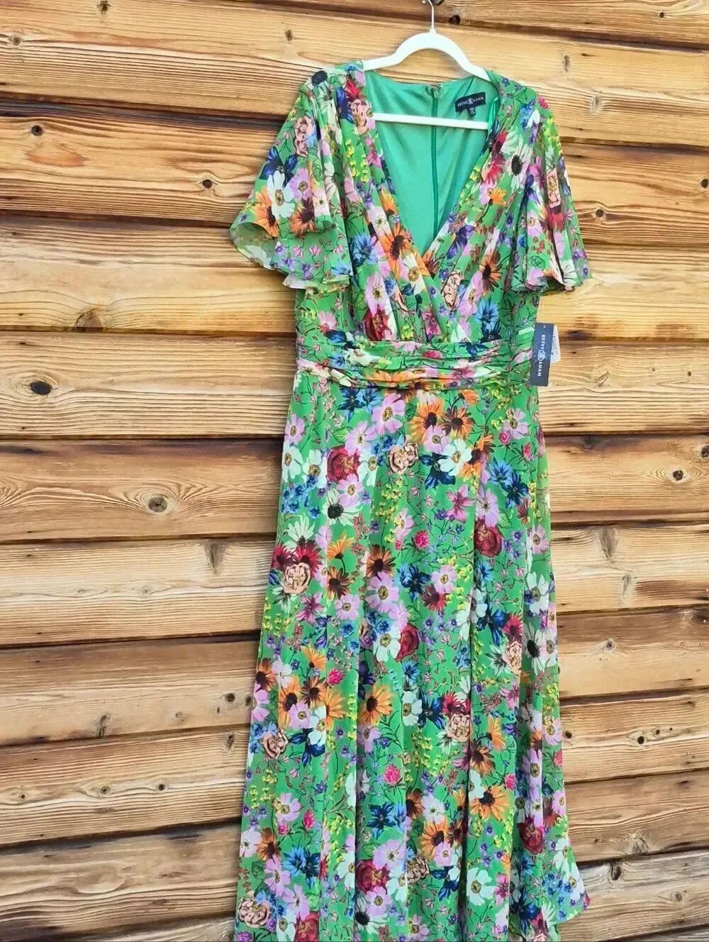 NWT Betsy & Adam Green Plus Size Floral-Print Flutter-Sleeve A-Line Dress 20 20W